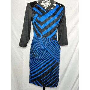Stitch Btween Womens Sheath Dress Blue Geometric Stretch Scoop Neck 3/4 Sleeve S